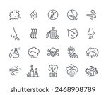 Smell linear icons set. Simple symbols associated with offensive odor, pleasant aroma and olfactory senses. Element with editable stroke. Outline flat vector collection isolated on white background