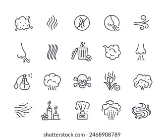 Smell linear icons set. Simple symbols associated with offensive odor, pleasant aroma and olfactory senses. Element with editable stroke. Outline flat vector collection isolated on white background