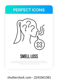 Smell loss, anosmia thin line icon. Girl sniffing. Vector illustration.