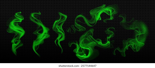 Smell mist collection with luminous green vapor trails - swirling verdant smoke patterns rising on transparent backdrop. Dynamic ghostly curves effects for mystical or poisonous design elements.