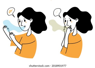 Smell from the mouth. Bad breath. Problems with teeth, stomach. Disease of the teeth, stomach. Fresh breath. The girl is embarrassed to speak. Disgust, stench, unpleasant odor. Vector illustration 