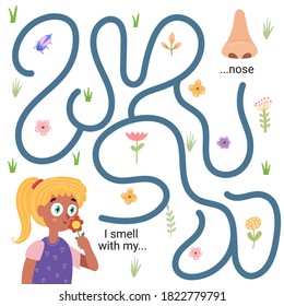 I smell with my nose funny maze game for kids. Learning five senses worksheet. Find the correct way puzzle. Vector illustration