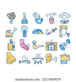 smell nose aroma odor doodle icons set vector. sketch line art sense gas, air line, smoke cloud, fragrance fresh, bad loss, anosmia fart, woman smell nose aroma odor color illustrations