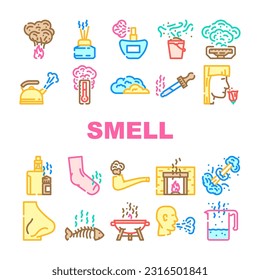 smell nose aroma odor icons set vector. sense gas, air line, smoke cloud, fragrance fresh, bad loss, anosmia fart, woman smell nose aroma odor color line illustrations