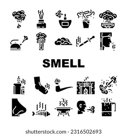 smell nose aroma odor icons set vector. sense gas, air line, smoke cloud, fragrance fresh, bad loss, anosmia fart, woman smell nose aroma odor black contour illustrations