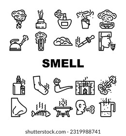 smell nose aroma odor icons set vector. sense gas, air line, smoke cloud, fragrance fresh, bad loss, anosmia fart, woman smell nose aroma odor black contour illustrations