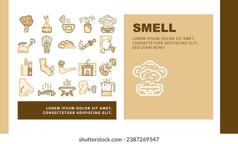 smell nose aroma odor landing web page vector. sense gas, air line, smoke cloud, fragrance fresh, bad loss, anosmia fart, woman smell nose aroma odor Illustration