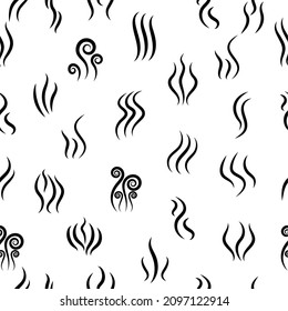 Smell seamless pattern. Steam icons. Lines of heat, smoke, warm and aroma. Vapour seamless pattern. Black logos on white background. Vector.