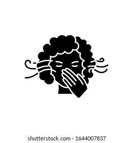 Smell sensitivity black glyph icon. Early symptom of pregnancy. Migraine sign. Bad breath. Person covering mouth. Hygiene and sanitation. Silhouette symbol on white space. Vector isolated illustration