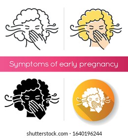 Smell Sensitivity Icon. Early Symptom Of Pregnancy. Woman With Allergy. Bad Breath. Person Covering Mouth. Hygiene And Sanitation. Linear Black And RGB Color Styles. Isolated Vector Illustrations