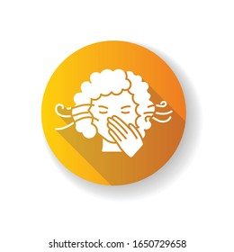 Smell sensitivity orange flat design long shadow glyph icon. Early symptom of pregnancy. Woman with allergy. Migraine sign. Bad breath. Hygiene and sanitation. Silhouette RGB color illustration