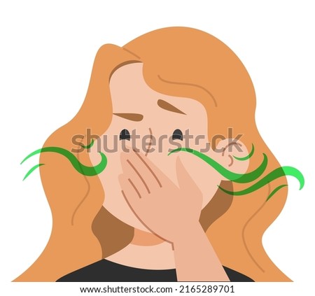Smell sensitivity vector isolated. Woman feel bad because of a strong smell. Symptom of migraine or pregnancy. Unpleasant smell, character covering nose.