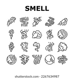 iconos de aroma de aroma de humo de humo set vector. contorno de sentido, aroma de olor, perfume caliente, fragancia de mano de vapor de forma rosada cálida, aroma de nariz de humo de olor a nube ilustraciones de contorno negro