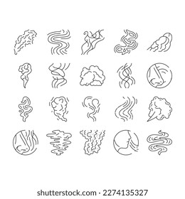 smell smoke gas nose aroma icons set vector. sense outline, odor scent, hot perfume, warm stink shape steam hand fragrance, cloud smell smoke gas nose aroma black contour illustrations