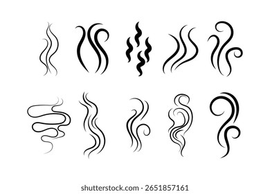 
Cheiro, ícones de fumaça. Cozinhar vapor quente ou aroma quente cheiro marca, vapor odor ícones, símbolos. Coleções de ícones de fumaça de sopa de chá de café.