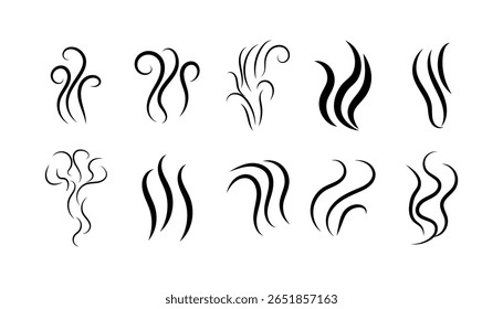 
Cheiro, ícones de fumaça. Cozinhar vapor quente ou aroma quente cheiro marca, vapor odor ícones, símbolos. Coleções de ícones de fumaça de sopa de chá de café.