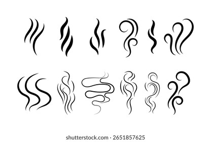 Cheiro, ícones de fumaça. Cozinhar vapor quente ou aroma quente cheiro marca, vapor odor ícones, símbolos. Coleções de ícones de fumaça de sopa de chá de café.