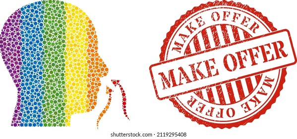 Smell sniffer mosaic icon of round dots in variable sizes and spectrum multicolored color tinges. Red rounded distress stamp with Make Offer message. A dotted LGBT- colored smell sniffer for lesbians,