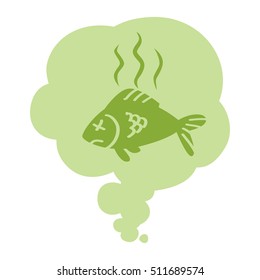 Smell. Stinky green cloud with dead fish. Isolated symbol. On white background.