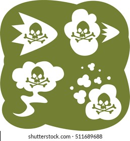 Smell. White fart cloud set with skull and crossbones. Stink aroma. Isolated symbols. On green background.