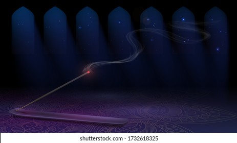 Smelling aroma stick in the temple, smoke of Indian incense