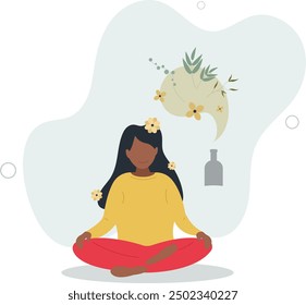 Smelling floral fragrance as alternative medicine treatment process .flat design with people.