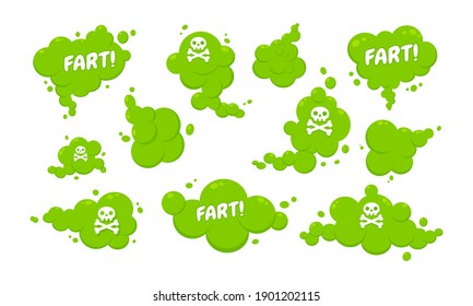 Smelling Green Cartoon Fart Cloud Flat Style Design Vector Illustration With Text Fart Set. Bad Stink Or Toxic Aroma Cartoon Smoke Cloud Isolated On White Background.