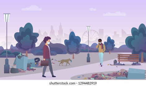 Smelling landfill waste with unhappy people in masks in disadvantaged city area street. Virus, coronavirus, COVID-19 effect. Littering in the green nature park concept illustration.