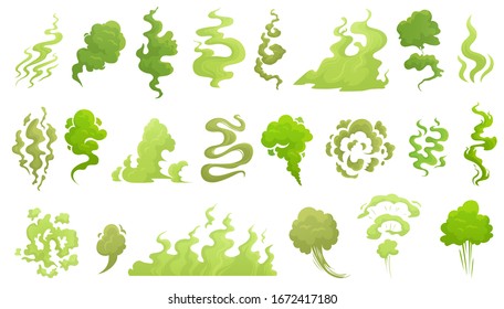 Smelling smoke. Bad smell cloud, green stink aroma and stinky smoke cartoon vector illustrartion set. Smell cloud and stink toxic, aroma stench