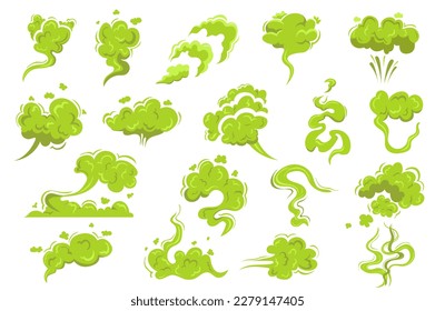 Smelling smoke flat icon kit concept in the cartoon style. Image of clouds of green smoke of different shapes. Vector illustration.