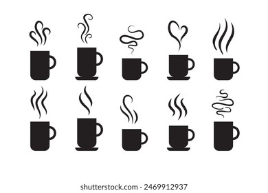 Smells line icon set, hot aroma Coffee, tea in cup, smells or fumes. Isolated symbols doodle glasses of hot drinks. Fragrances evaporate icons.