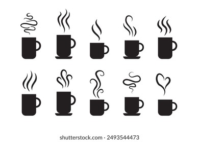 Conjunto de iconos de línea de olores, café con aroma caliente, té en taza, olores o vapores. Símbolos aislados garabatean vasos de bebidas calientes. Las fragancias evaporan iconos.