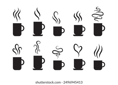 Riecht Linie Symbol Set, heißes Aroma Kaffee, Tee in Tasse, riecht oder Dämpfe. Isolierte Symbole doodle Gläser von heißen Getränken. Düfte verdampfen Symbole.