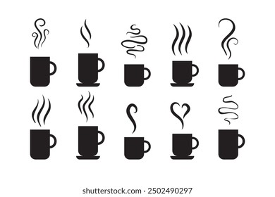 Smells line icon set, hot aroma Coffee, tea in cup, smells or fumes. Isolated symbols doodle glasses of hot drinks. Fragrances evaporate icons.