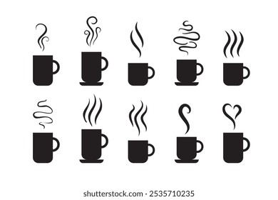 Cheira conjunto de ícones de linha, aroma quente Café, chá em xícara, cheiros ou fumaça. Símbolos isolados rabiscam copos de bebidas quentes. As fragrâncias evaporam ícones. Ilustração vetorial