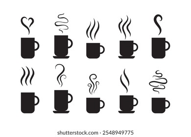 Conjunto de iconos de línea de olores, aroma caliente, café, té en taza, olores o humos. Símbolos aislados garabatean vasos de bebidas calientes. Las fragancias evaporan los iconos. Ilustración vectorial