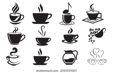 Smells line icon set, hot aroma Coffee, tea in cup, smells or fumes. Isolated symbols doodle glasses of hot drinks. Fragrances evaporate icons.