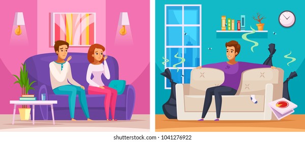 Smelly Apartment Cartoon Composition With Man In Untidy Room With Trash, Upset Neighbors Vector Illustration