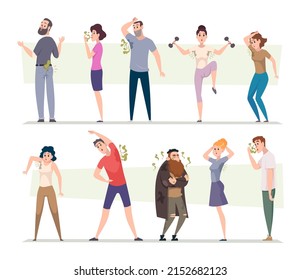 Smelly characters. Underarm disgusting persons body male and female ugly sweat people exact vector cartoon illustrations