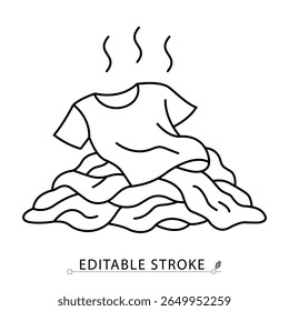 A smelly dirty clothes icon in minimalist style with editable stroke. Laundry pile, bad odor, used garment, household hygiene, messy fabric, clothing care, stink concept, vector outline illustration.