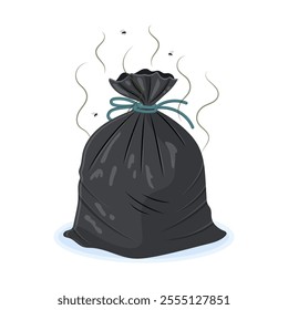 Smelly garbage bag tied up with flies around it. Vector illustration