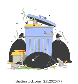 Smelly garbage container and bags with rats cartoon flat illustration. Poor waste manager consequences 2D composition isolated on white background. Hygiene issues scene vector color image