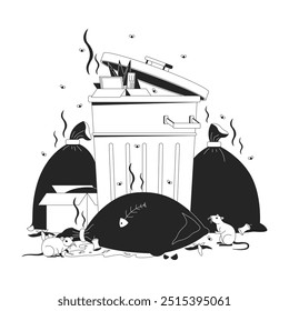 Smelly garbage container and bags with rats cartoon black and white line illustration. Poor waste manager consequences 2D linear composition isolated. Hygiene issues monochrome vector outline image