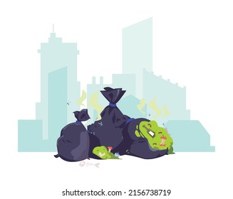 Smelly plastic black bags of rubbish and food leftovers in front of city silhouette, flat vector illustration on white. Recycling and environment concepts. Garbage bags on cityscape.