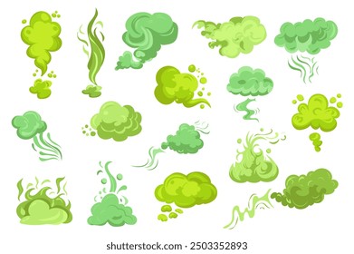 Smelly smoke mega set elements in flat graphic design. Bundle objects of green poison clouds with trails, toxic gas bubbles, cartoon bad stink, unpleasant smell vapour effect. Vector illustration.