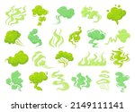 Smelly smoke. Pu stink clouds, old nasty odor green fumes poison gas bad aroma breath smelling fart, rotten food odour fragrance cooking effect, cartoon neat vector illustration. Cloud smelly and odor