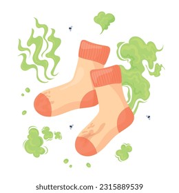 Smelly socks. Dirty stinky rotten sock from old foot shoes, sweaty used clothes with bad smell stink disgusting odor, worn garment for laundry concept cartoon vector illustration