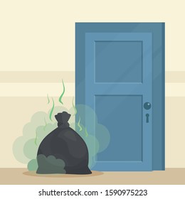 Smelly Trash Bag With Waste Standing Near The Apartment Doors On Stairwell. Black Trash Bag Stinks All Over House. Vector Illustration, Flat Design, Cartoon Style.