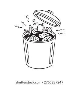 Smelly trash can filled with rotting fruit and food waste emits a strong odor, depicted in a vector graphic illustration with a clear and detailed design.