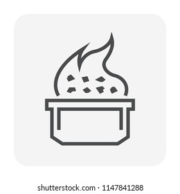 Smelting burning or heating vector icon. Consist of ore, fire and crucible. Process for casting in metallurgy or metallurgical production industry. In foundry, furnace or factory plant. 64x64 pixel.